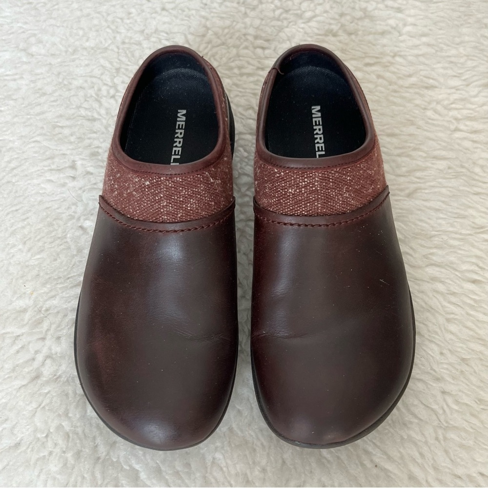 Merrell Dark Brown/Burgundy Leather/Fabric Slip On Shoes Size 7.5